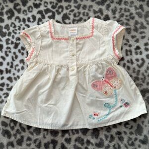 2005 Gymboree Butterfly Patch Embroidered Ric Rac Trim Blouse in Cream 12-18 mos